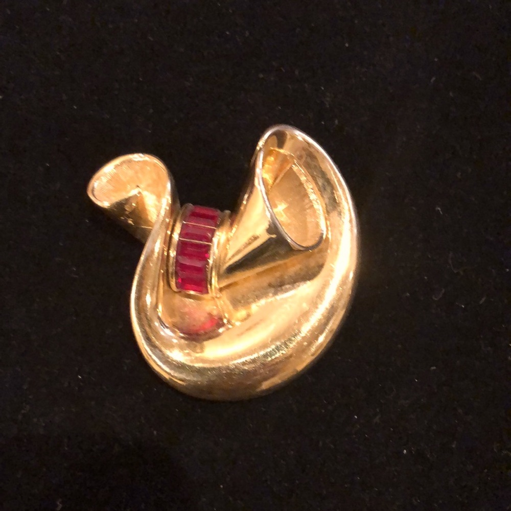 Vintage Givenchy gold tone pin -red crystal accent